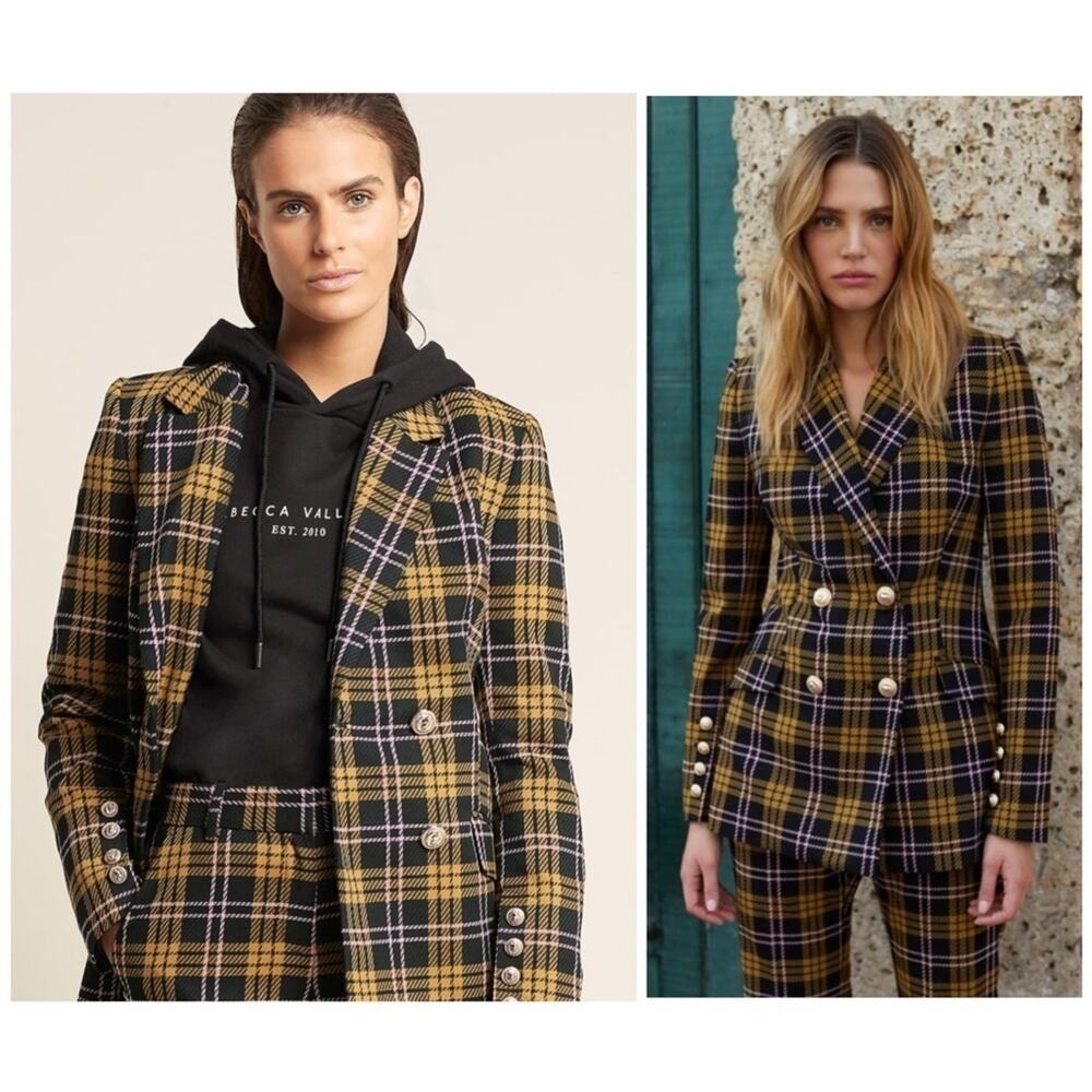 Rebecca Vallance Chateau Plaid Double-Breasted Blazer Size 4 US